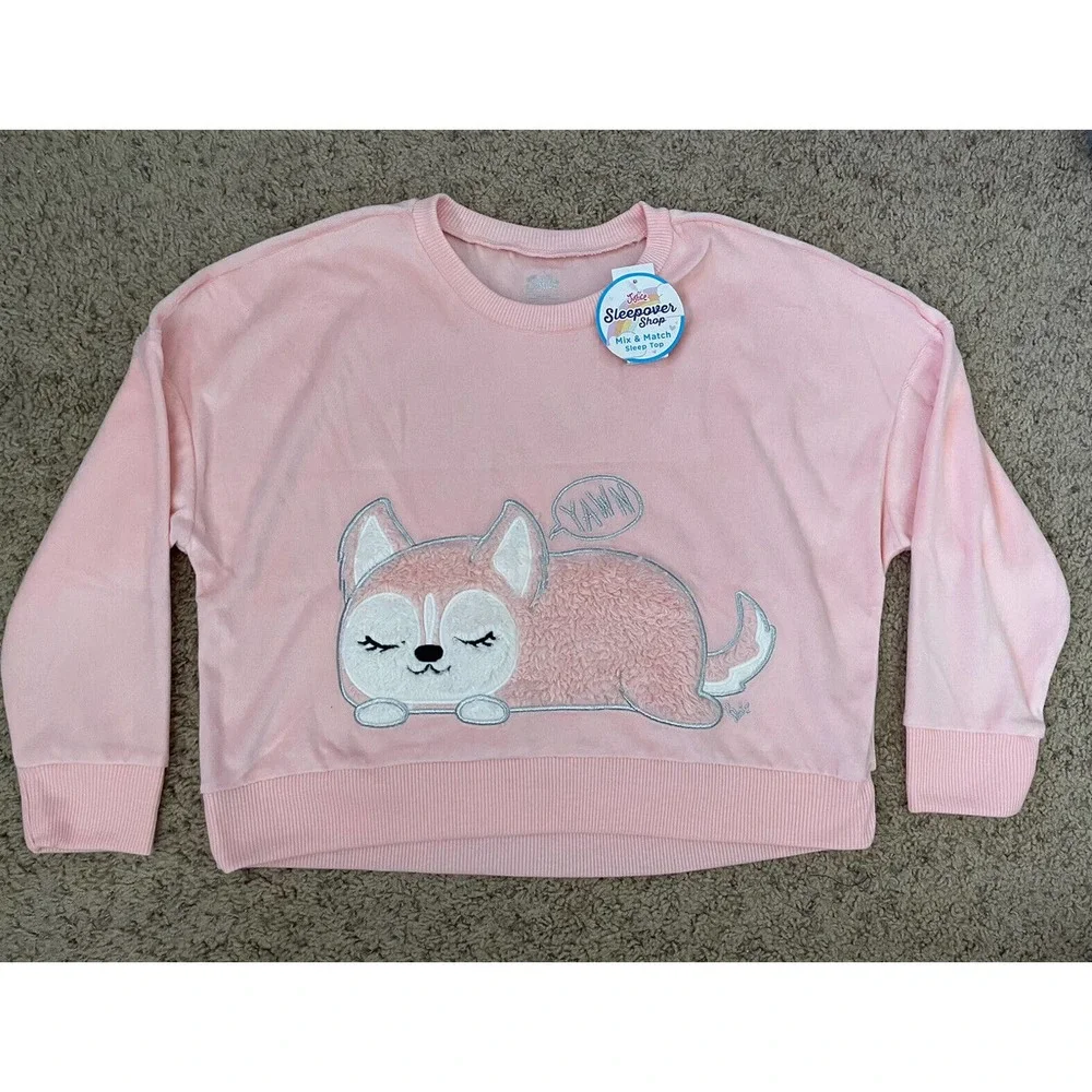 Justice Berry Burst Pink Furry Friend Yawn Drop Long Sleeve Velour Top Size 10